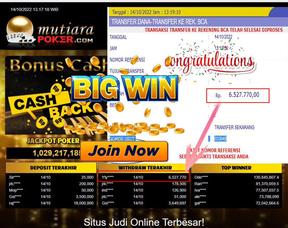 Bukti Withdraw (6.527.770- ) Member Setia Mutiarapoker