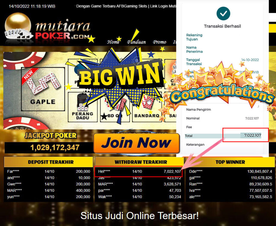 Bukti Withdraw (7.022.107- ) Member Setia Mutiarapoker