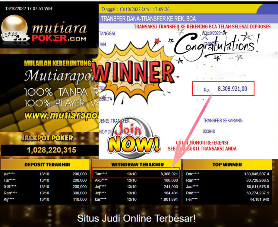 Bukti Withdraw (8.308.921- ) Member Setia Mutiarapoker