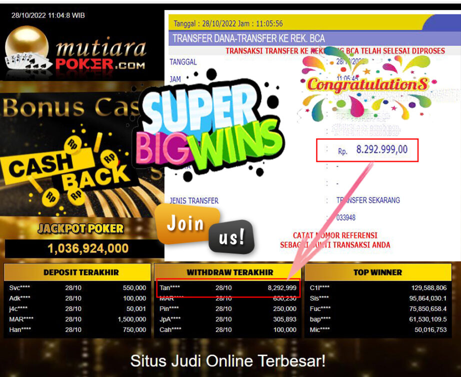 Bukti Withdraw (8.292.999- ) Member Setia Mutiarapoker