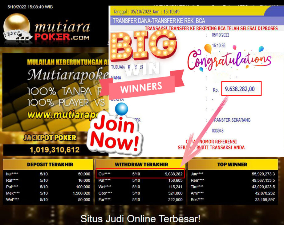 Bukti Withdraw (9.638.282- ) Member Setia Mutiarapoker