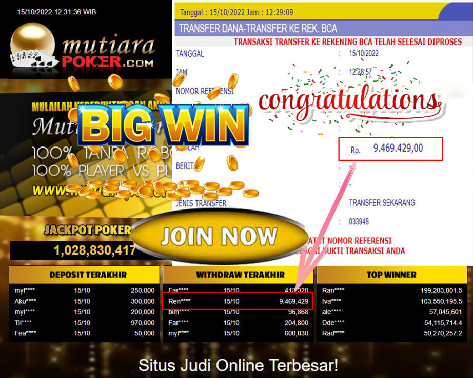 Bukti Withdraw (9.469.429- ) Member Setia Mutiarapoker