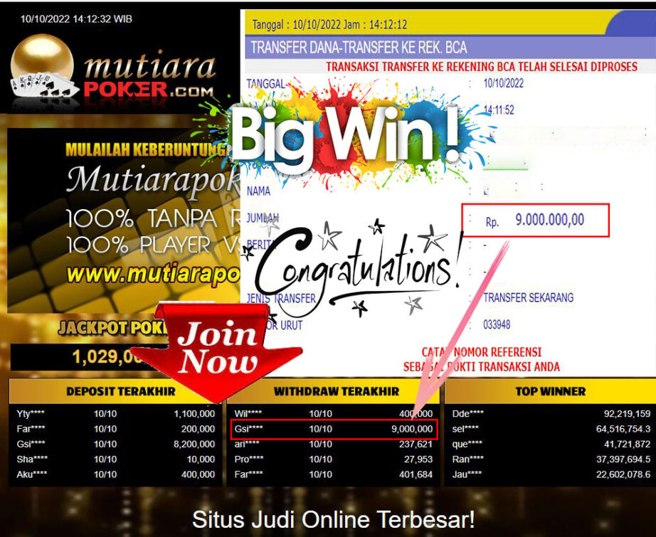 Bukti Withdraw (9.000.000- ) Member Setia Mutiarapoker