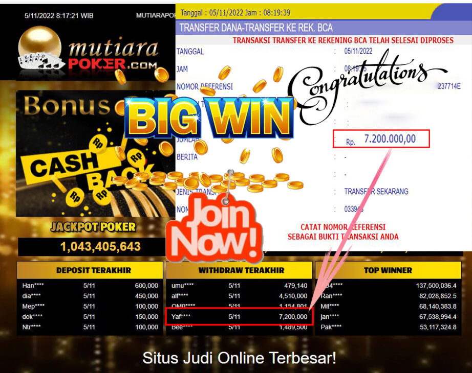 Bukti Withdraw (7.200.000- ) Member Setia Mutiarapoker