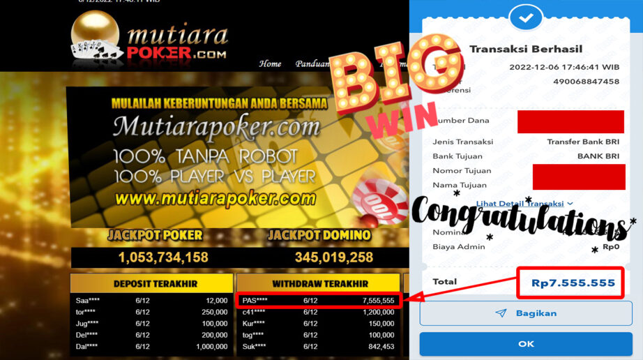 Bukti Withdraw (7.555.555- ) Member Setia Mutiarapoker