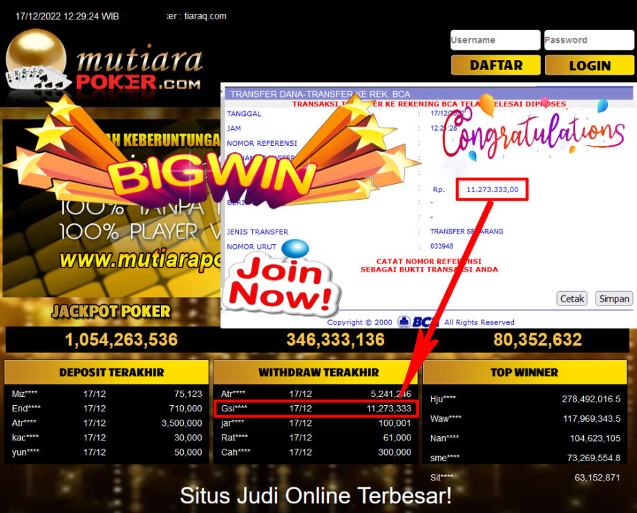 Bukti Withdraw (11.273.333- ) Member Setia Mutiarapoker