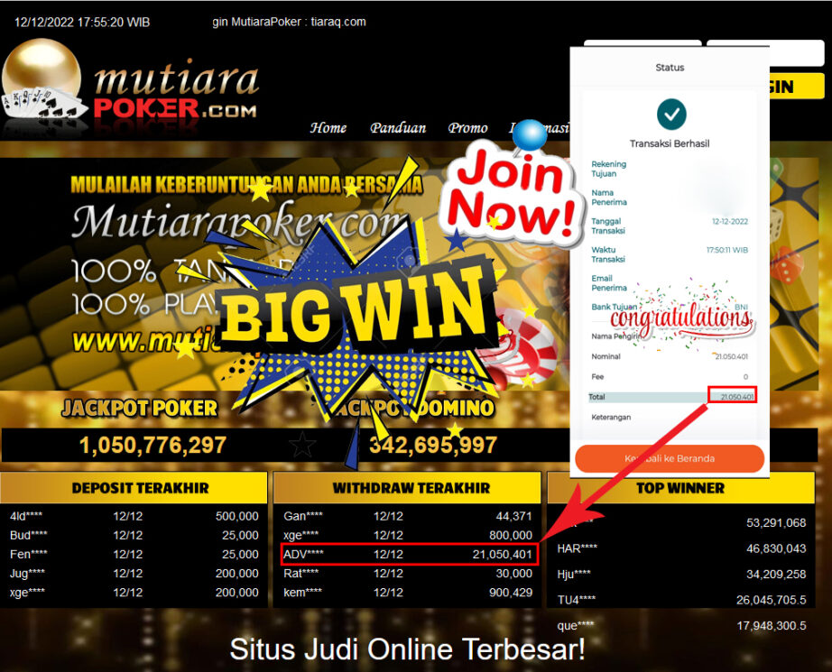 Bukti Withdraw (21,050,401- ) Member Setia Mutiarapoker