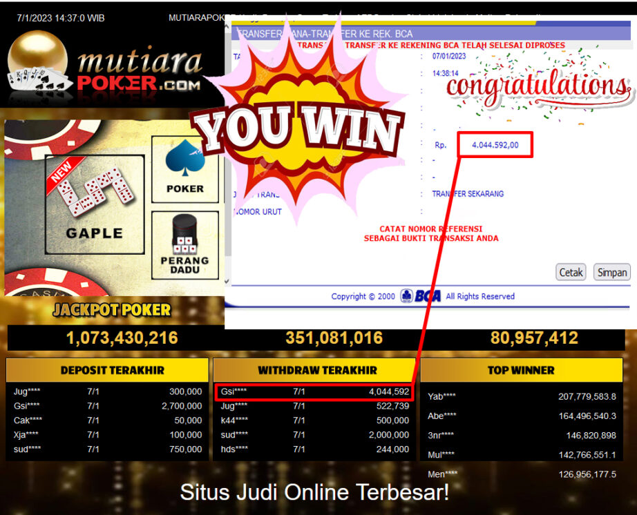 Bukti Withdraw (4.044.592.- ) Member Setia Mutiarapoker