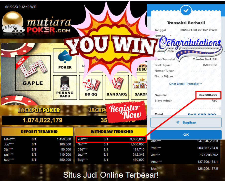 Bukti Withdraw (9.000.000.- ) Member Setia Mutiarapoker