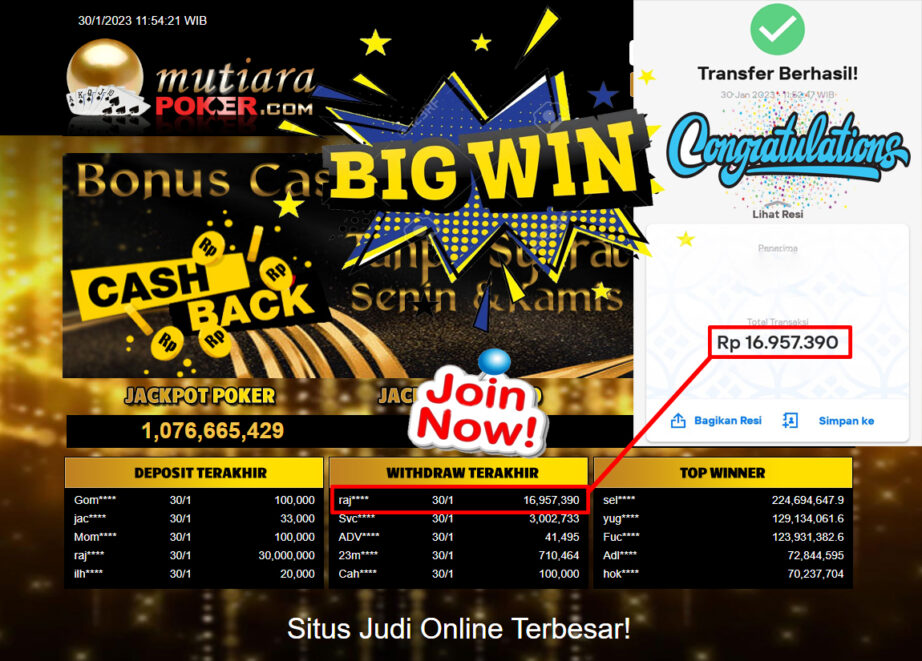 Bukti Withdraw (16.957.390.- ) Member Setia Mutiarapoker