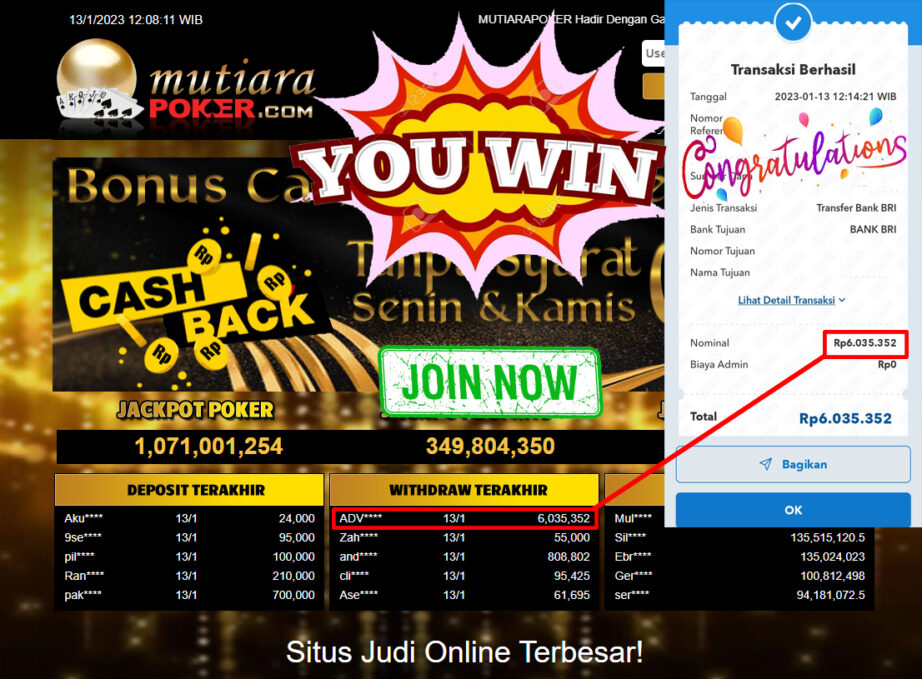 Bukti Withdraw (6.035.352.- ) Member Setia Mutiarapoker