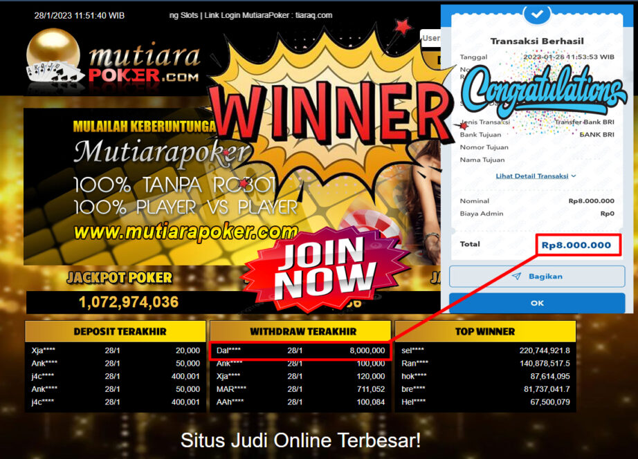 Bukti Withdraw (8.000.000.- ) Member Setia Mutiarapoker