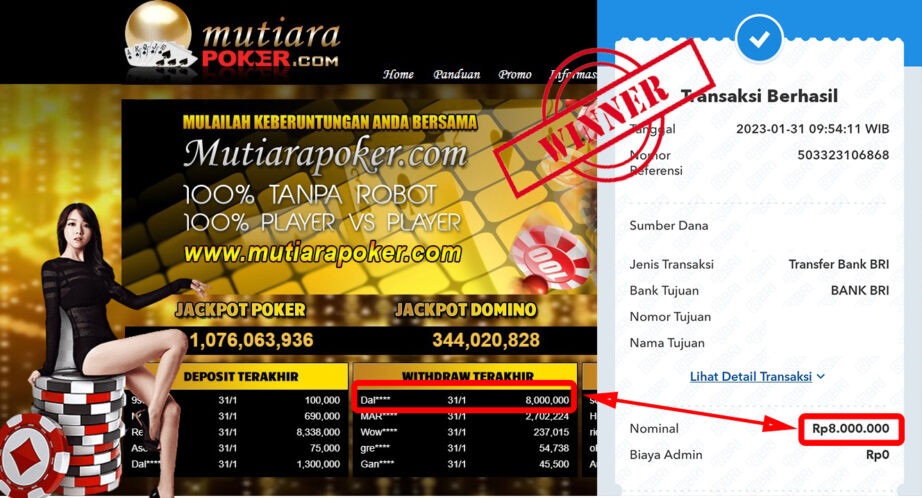 Bukti Withdraw (8,000,000.- ) Member Setia Mutiarapoker