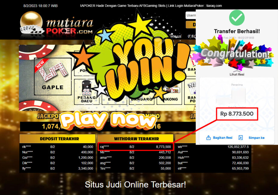 Bukti Withdraw (8.773.500- ) Member Setia Mutiarapoker