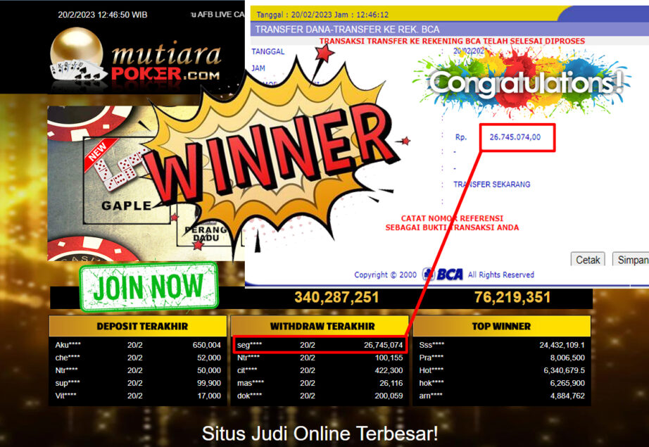 Bukti Withdraw (26.745.074- ) Member Setia Mutiarapoker