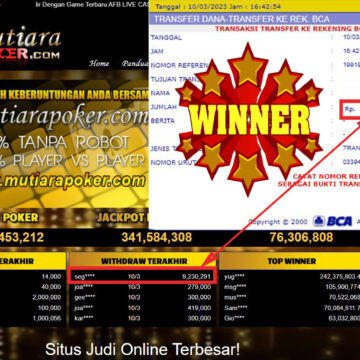 Selamat kepada member setia Mutiarapoker untuk kemenangannya USER ID : (seg** ) WD : (9,230,291-) Semoga berkah dan selalu menang bersama MutiaraPoker tiaraq.com