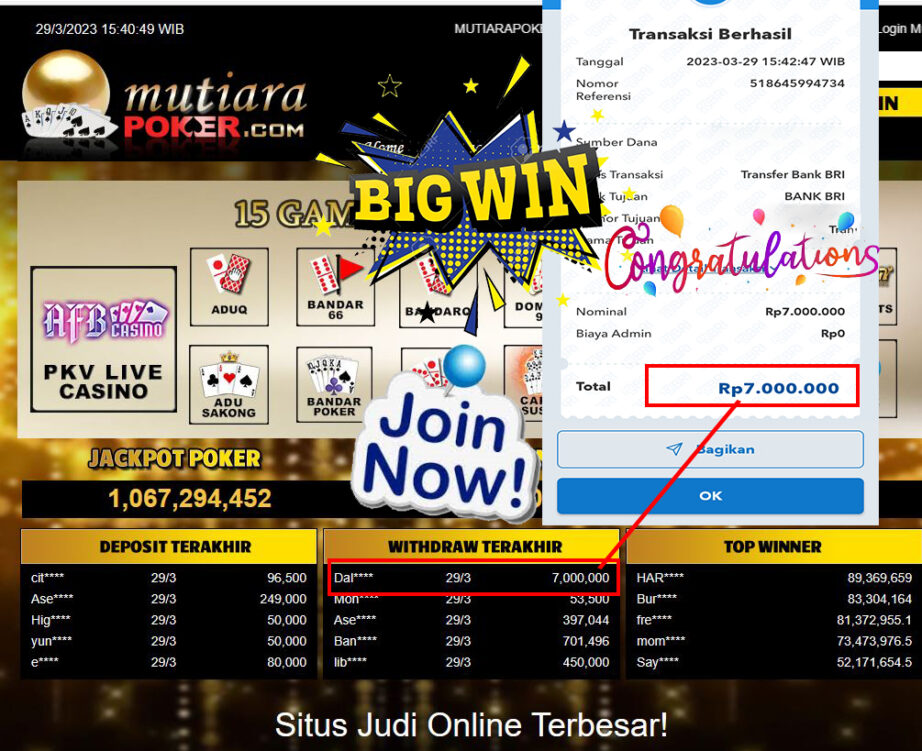 Bukti Withdraw (7,000,000- ) Member Setia Mutiarapoker