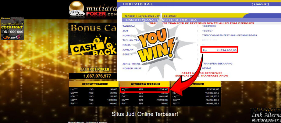 Bukti Withdraw (11,794,900-) Member Setia Mutiarapoker