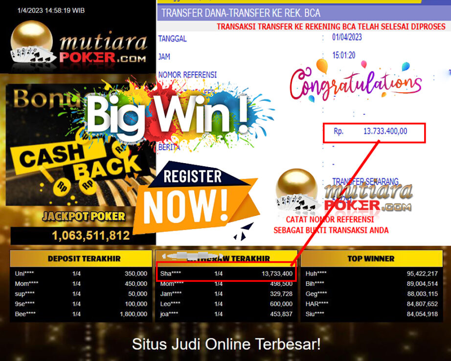 Bukti Withdraw (13,733,400- ) Member Setia Mutiarapoker