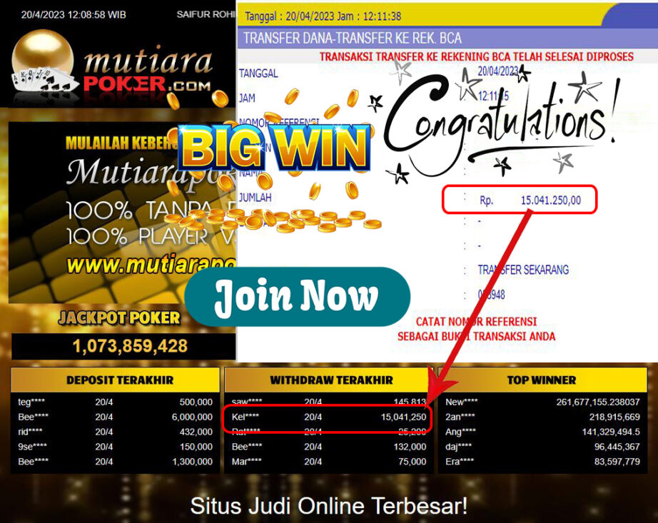 Bukti Withdraw (15,041,250- ) Member Setia Mutiarapoker