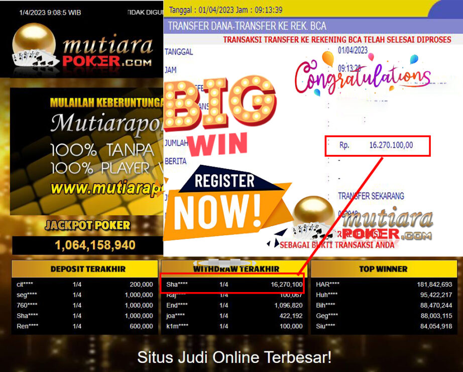 Bukti Withdraw (16,270,100- ) Member Setia Mutiarapoker