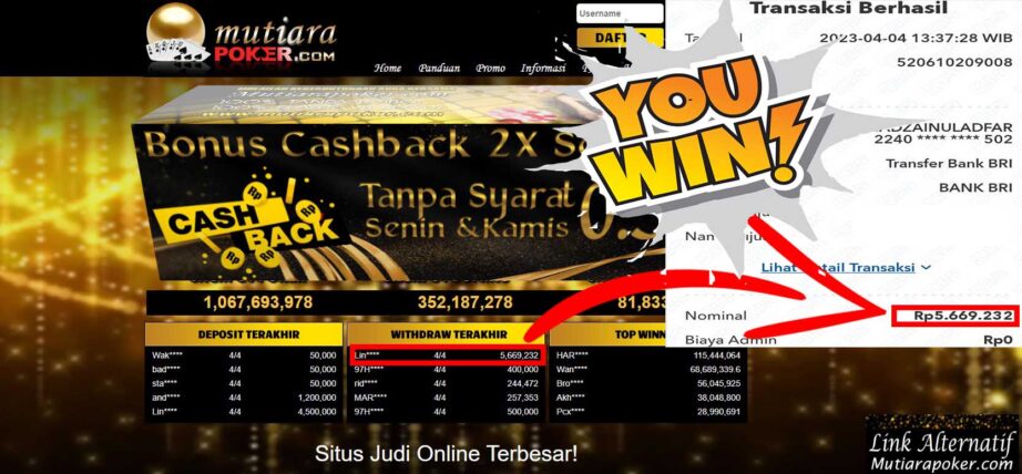 Bukti Withdraw (5,669,232- ) Member Setia Mutiarapoker