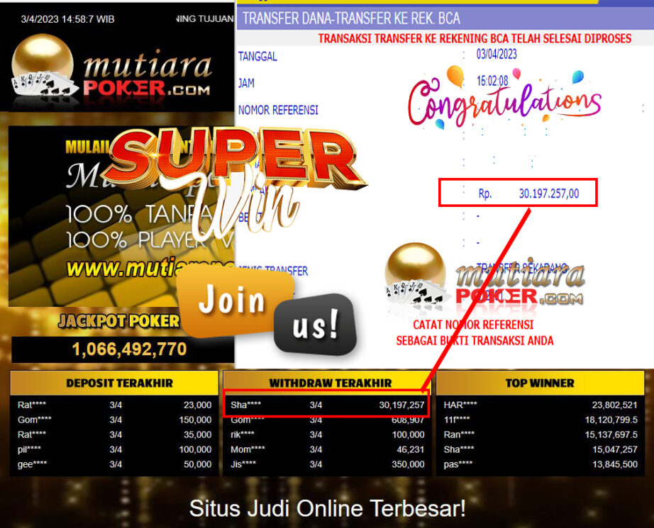 Bukti Withdraw (30,197.257,- ) Member Setia Mutiarapoker