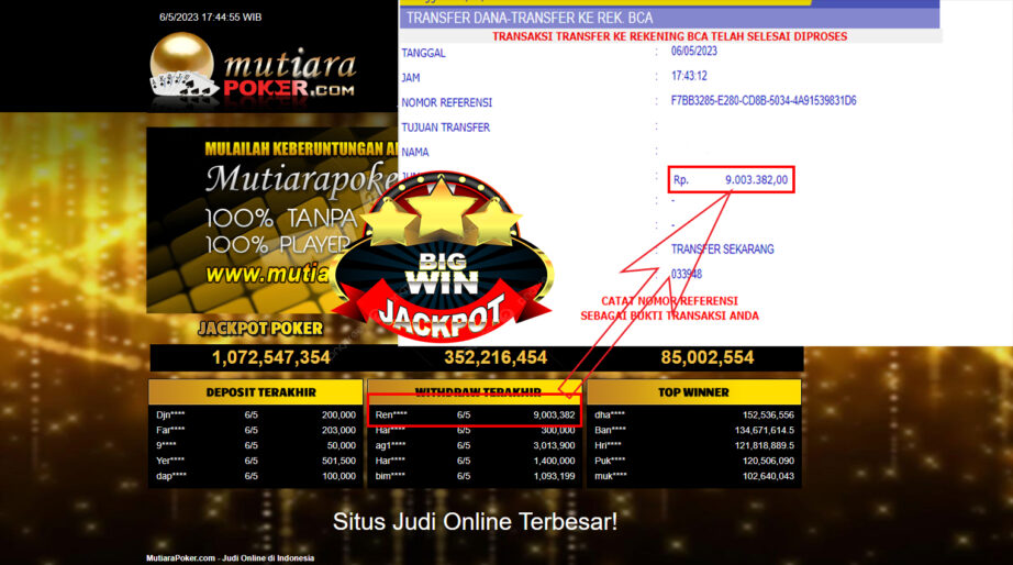 Bukti Withdraw (9.003,382- ) Member Setia Mutiarapoker