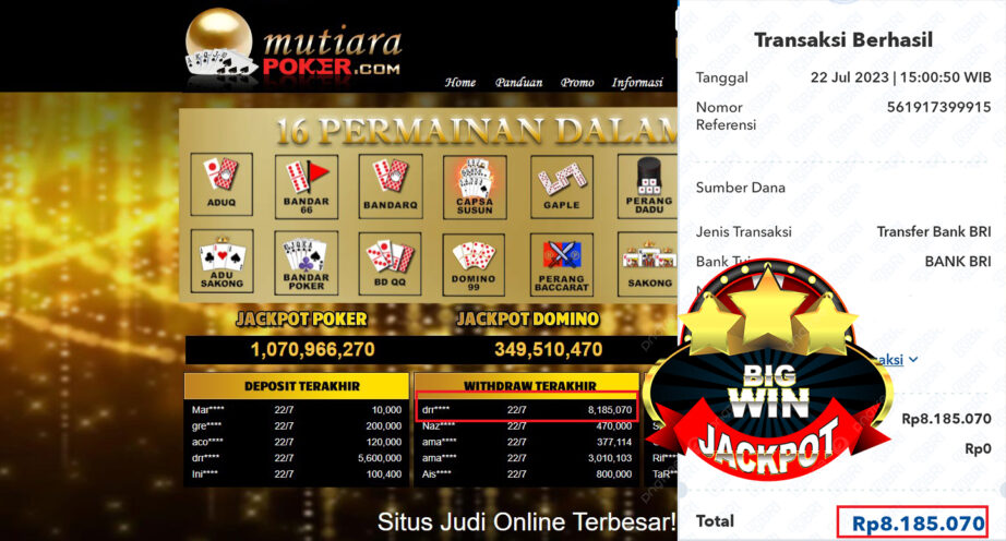 Bukti Withdraw (8.185.070,-) Member Setia Mutiarapoker