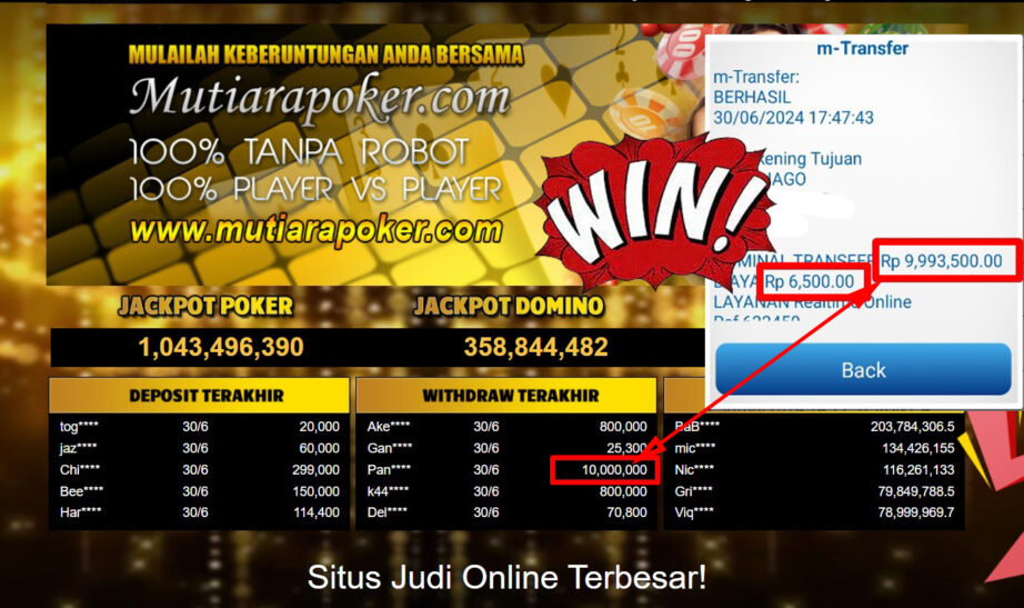 Bukti Withdraw ( 10,000,000,-) Member Setia Mutiarapoker