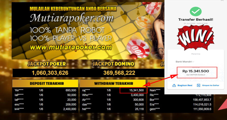 Bukti Withdraw ( 15,341,500,-) Member Setia Mutiarapoker