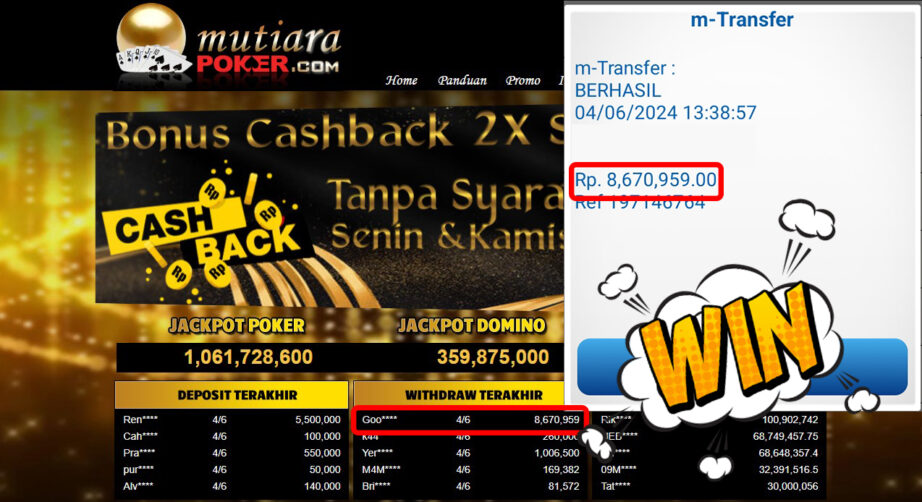 Bukti Withdraw ( 8.670.969,-) Member Setia Mutiarapoker