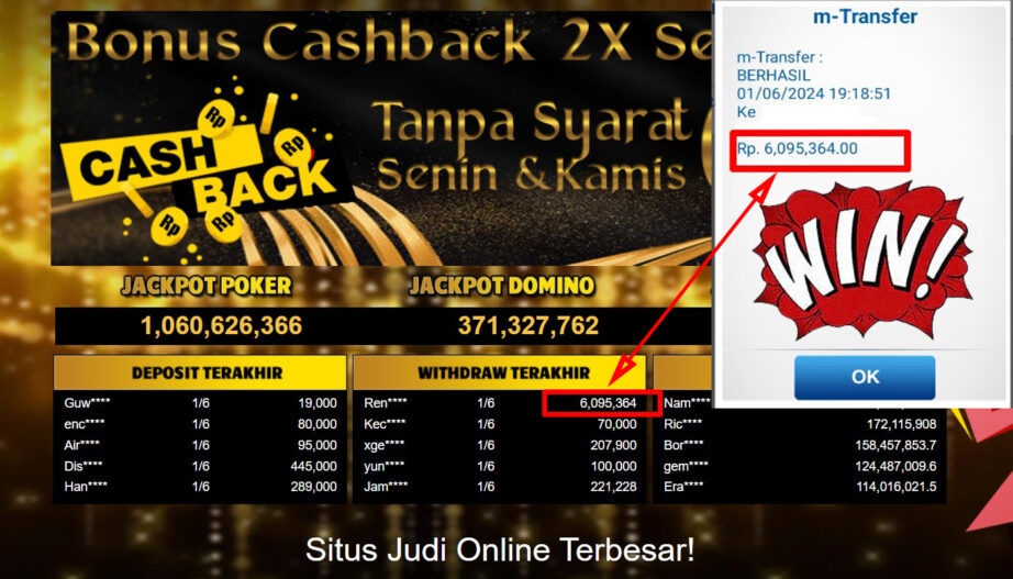 Bukti Withdraw ( 6,095,364,-) Member Setia Mutiarapoker