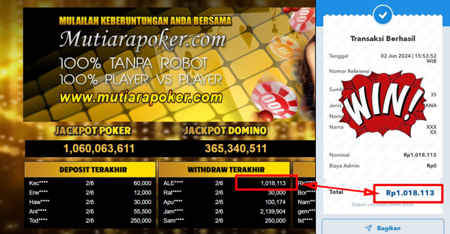 Bukti Withdraw ( 1,018,113,-) Member Setia Mutiarapoker