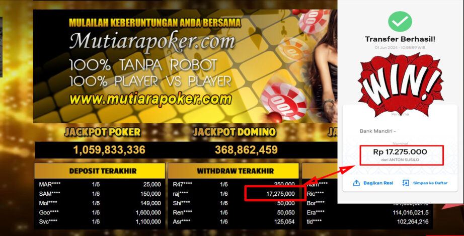 Bukti Withdraw ( 17,275,000,-) Member Setia Mutiarapoker