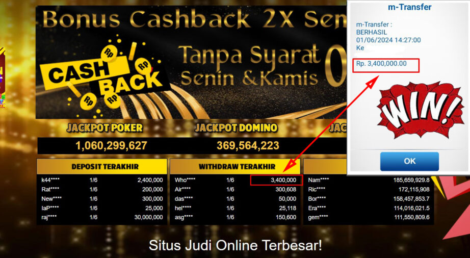 Bukti Withdraw ( 3,400,000,-) Member Setia Mutiarapoker