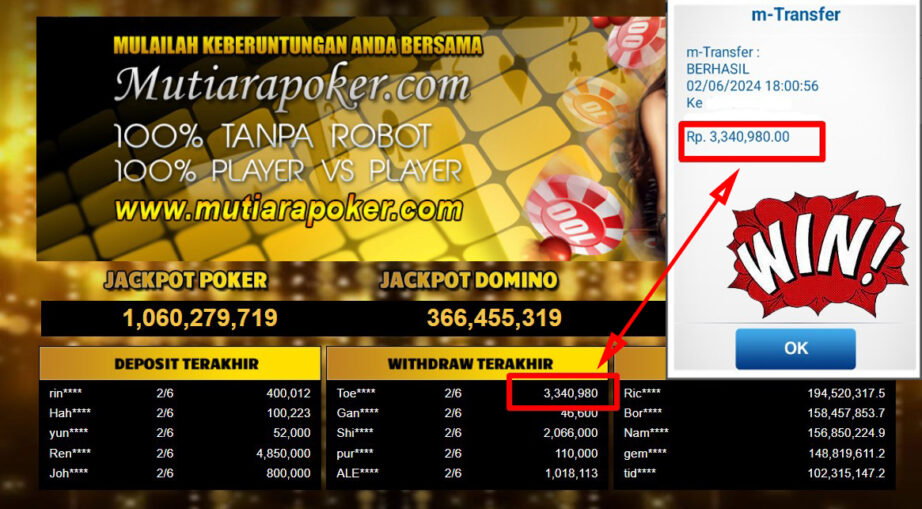 Bukti Withdraw ( 3,340,980,-) Member Setia Mutiarapoker