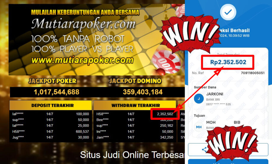 Bukti Withdraw ( 2,352,502,-) Member Setia Mutiarapoker