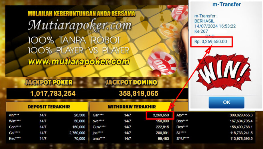 Bukti Withdraw ( 3,269,650,-) Member Setia Mutiarapoker