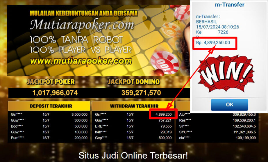 Bukti Withdraw ( 4,899,250,-) Member Setia Mutiarapoker