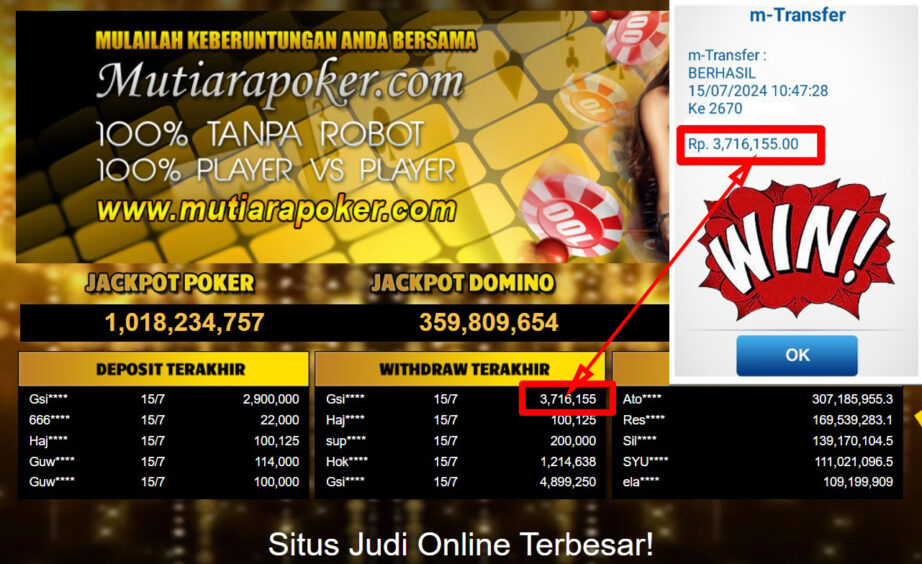 Bukti Withdraw ( 3,716,155,-) Member Setia Mutiarapoker