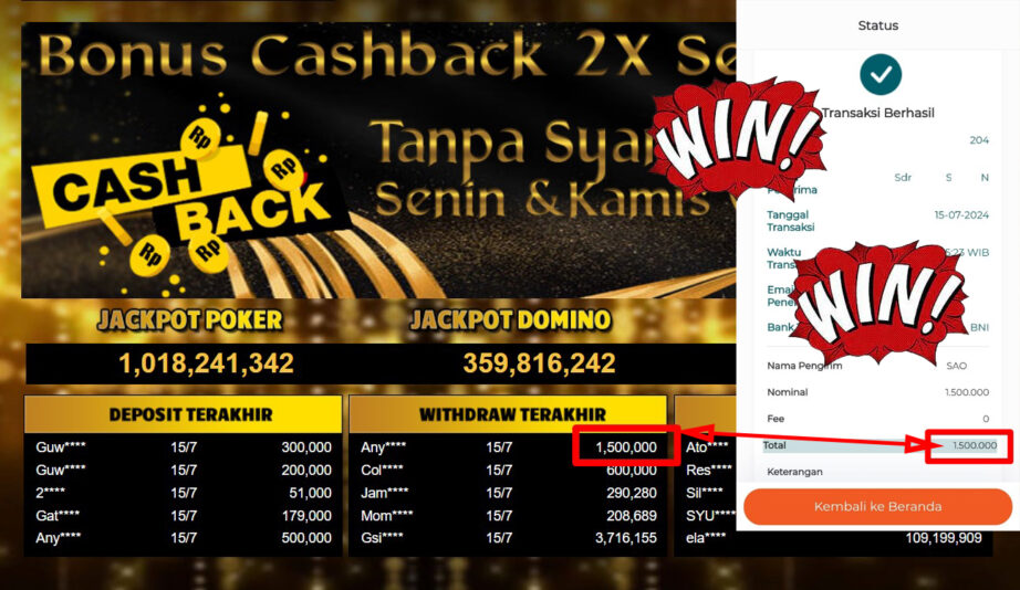 Bukti Withdraw ( 1,500,000,-) Member Setia Mutiarapoker