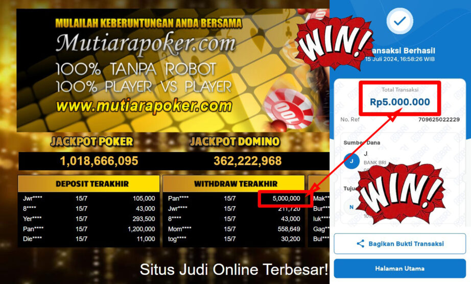 Bukti Withdraw ( 5,000,000,-) Member Setia Mutiarapoker