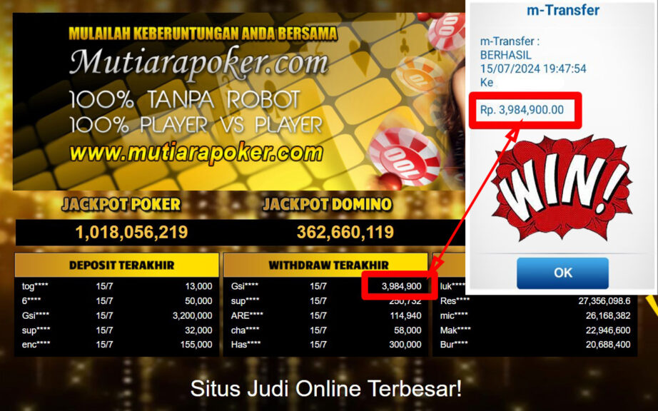 Bukti Withdraw ( 3,984,900,-) Member Setia Mutiarapoker