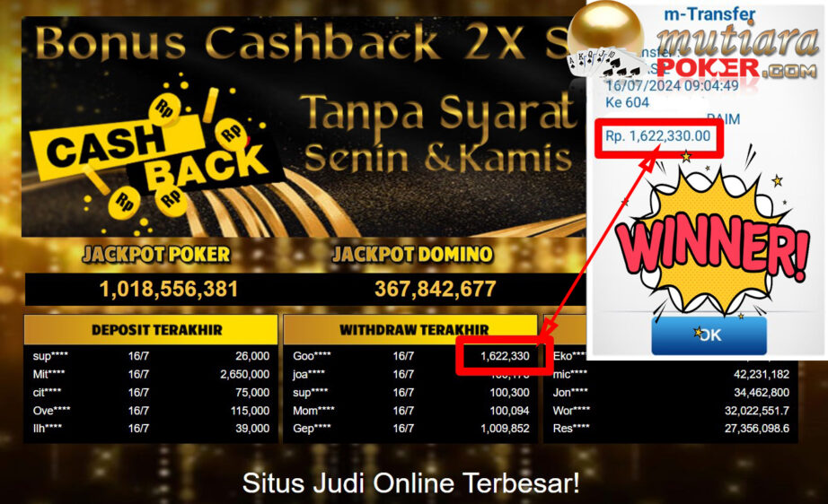 Bukti Withdraw ( 1,622,330,-) Member Setia Mutiarapoker