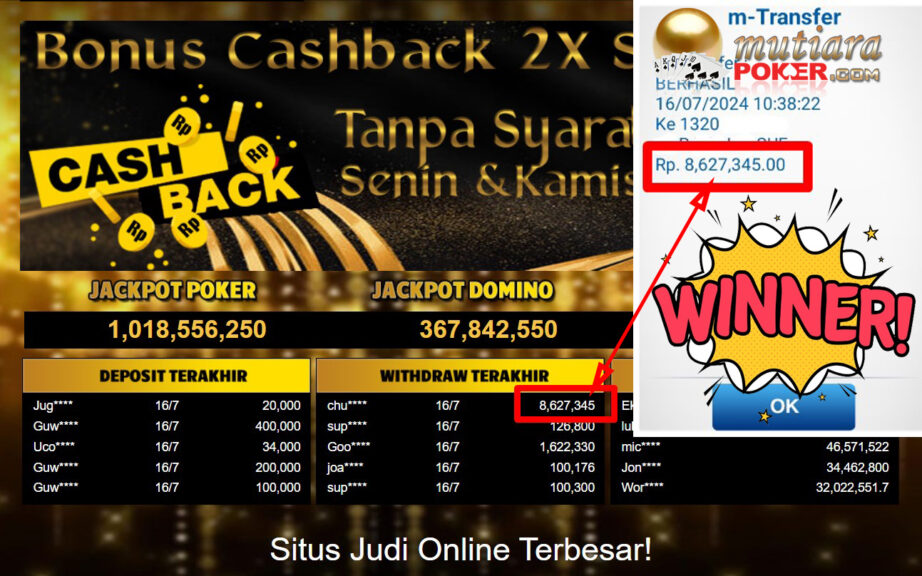 Bukti Withdraw ( 8,627,345,-) Member Setia Mutiarapoker