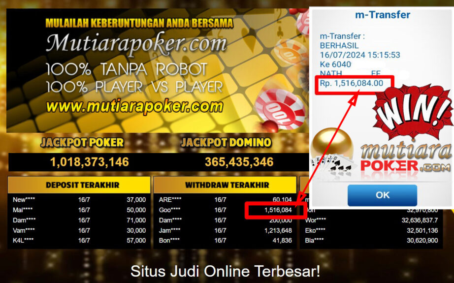 Bukti Withdraw ( 1,516,084,-) Member Setia Mutiarapoker