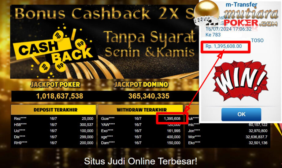 Bukti Withdraw ( 1,395,608,-) Member Setia Mutiarapoker