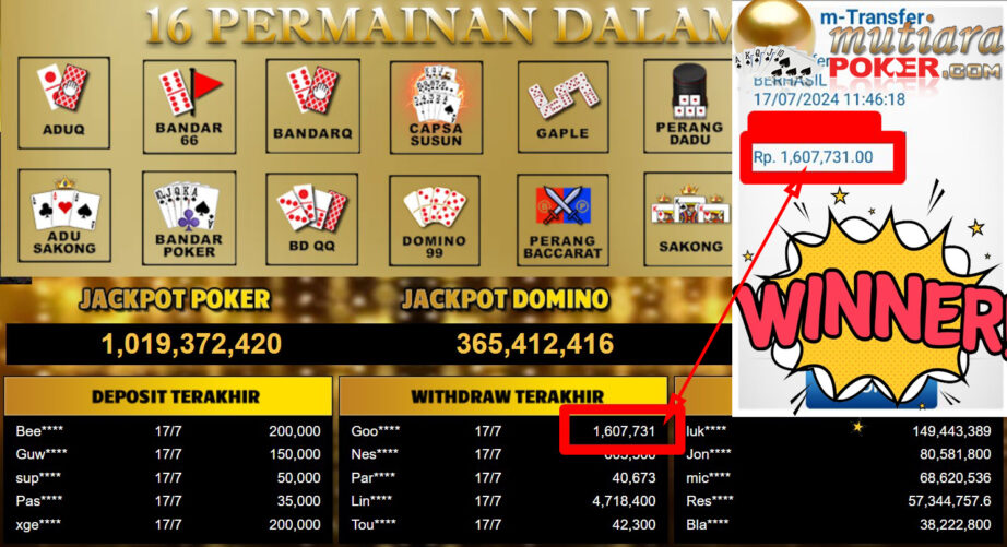 Bukti Withdraw ( 1,607,731,-) Member Setia Mutiarapoker