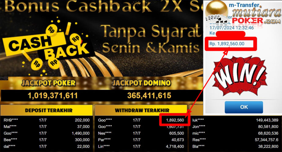 Bukti Withdraw ( 1,892,560,-) Member Setia Mutiarapoker